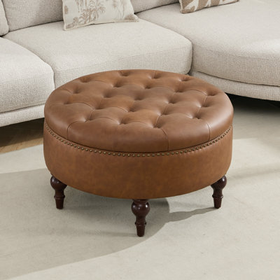 Canora Grey Tan Leather Upholstered Ottoman | Wayfair